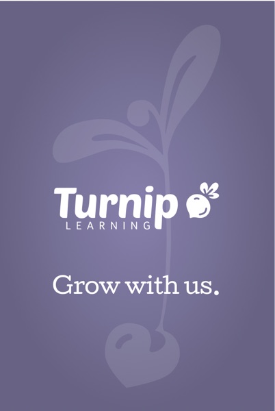 A 2016 Turnip Learning business card in purple: the Turnip wordmark, a sprouting turnip, and the line Grow with us.