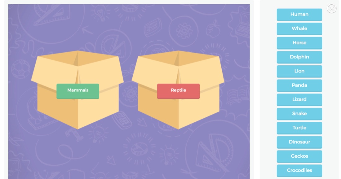 The sorting game from the Turnip web app: two boxes labeled Mammals and Reptile on a purple background, with animal names like Whale, Lizard and Crocodiles to sort into them