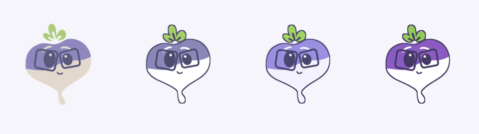Four versions of Turnip side by side: the original with a cream root, then three recolors with a white root and a darker outline, from soft lavender to vivid violet
