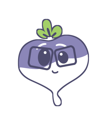 Turnip, the app's mascot: a lavender turnip with glasses and a green sprout