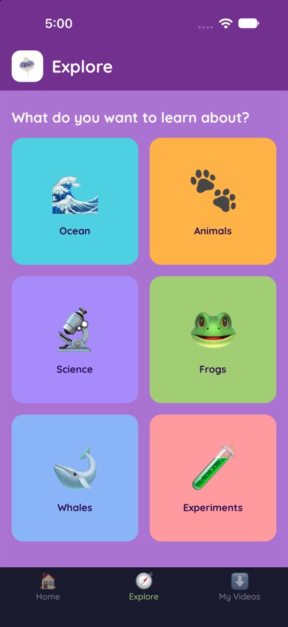 The Explore screen: big picture cards for Ocean, Animals, Science, Frogs, Whales and Experiments